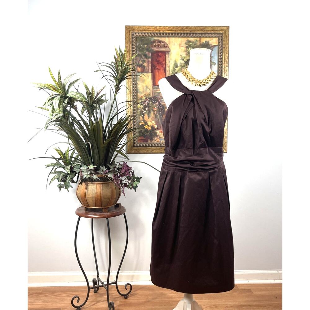 David' Bridal Women's 20 Brown Halter Fit & Flare Midi Dress Pleated Cocktail